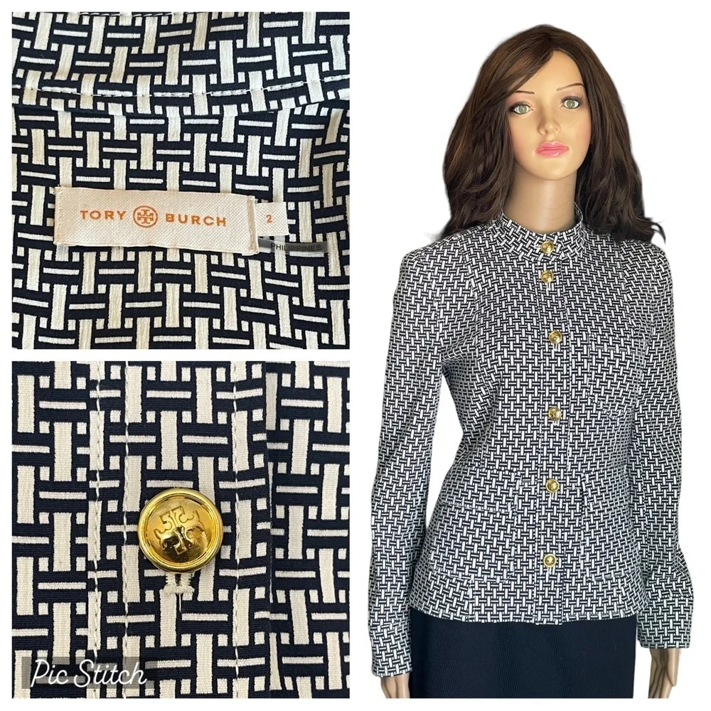 Tory Burch Cameron Crosshatch-print Jacket IvoryNavy with a Mandarin Collar SZ 2